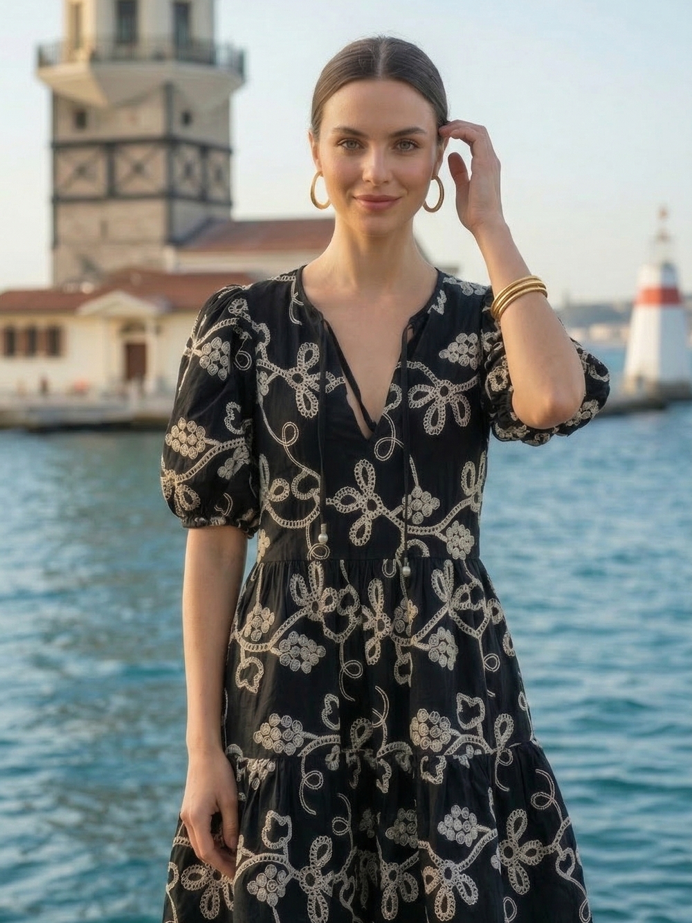 Black Embroidered Cotton Puff-Sleeve Midi Dress Cottagecore Coquette Size XS